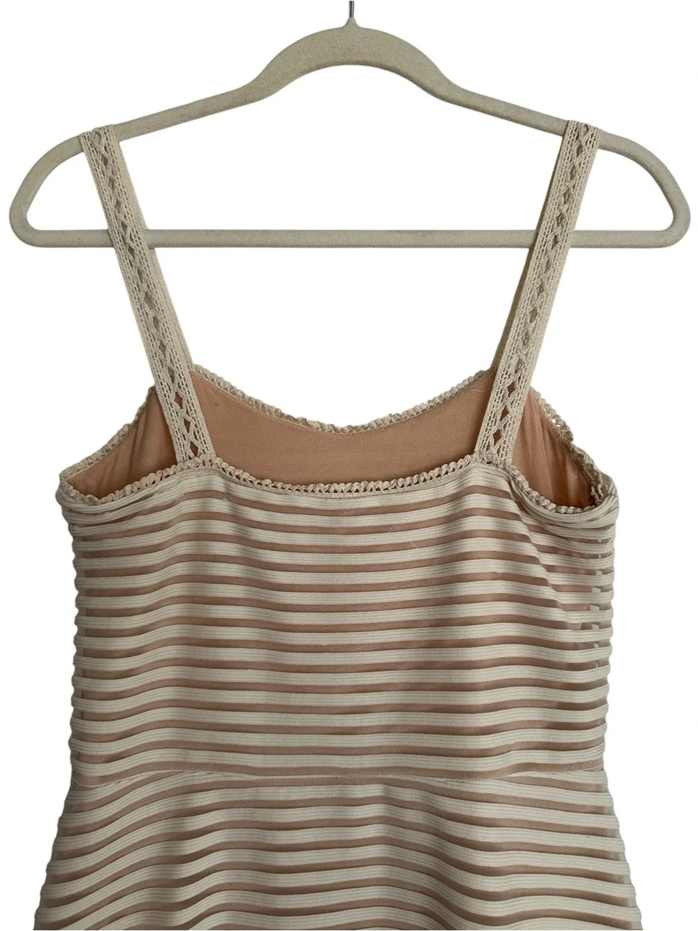 FREE PEOPLE Sheer Striped Crochet Trim Babydoll Dress Size M Beige Cream Mini